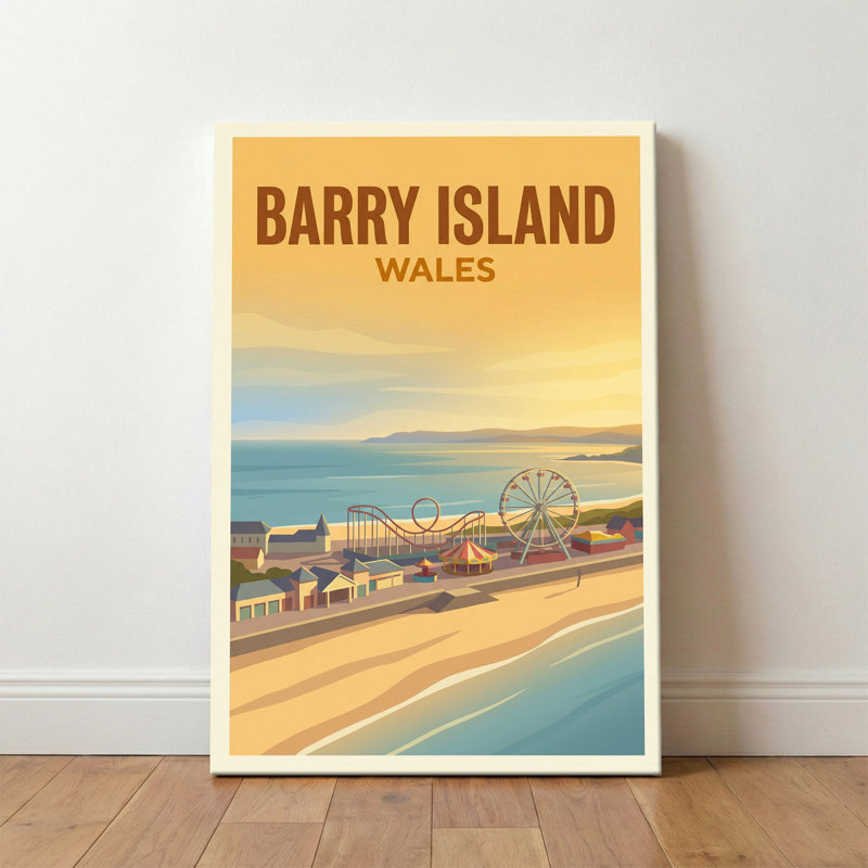 Barry Island, Wales - Sunlit Promenade And Pleasure Park Romantic Travel Poster. Giclee Print On Wrapped Canvas. Wall Art, Home Decor - Coastal & Maritime, Wales - Wrapped Canvas Print
