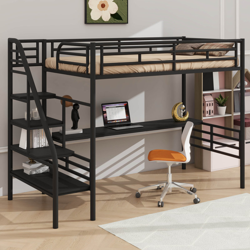 Structure de lit mezzanine en métal robuste avec bureau, lit mezzanine simple avec marches