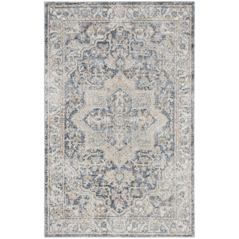 Tapis gris / bleu lavable à la machine Labounty, Rectangle 4 pi x 6 pi