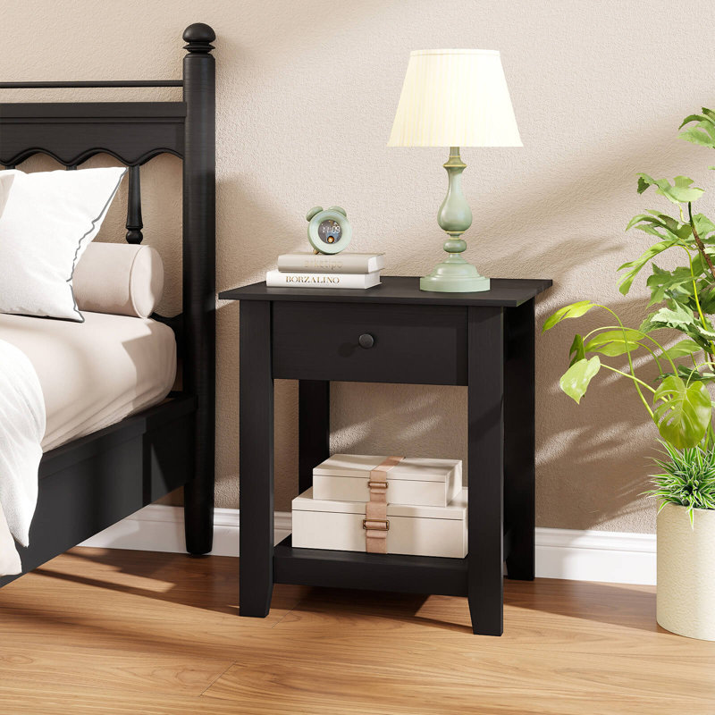 2 PCS Nightstand with Drawer 3-Tier Modern Bedside Table with Open Shelf Storage Black, Set of 2, Black