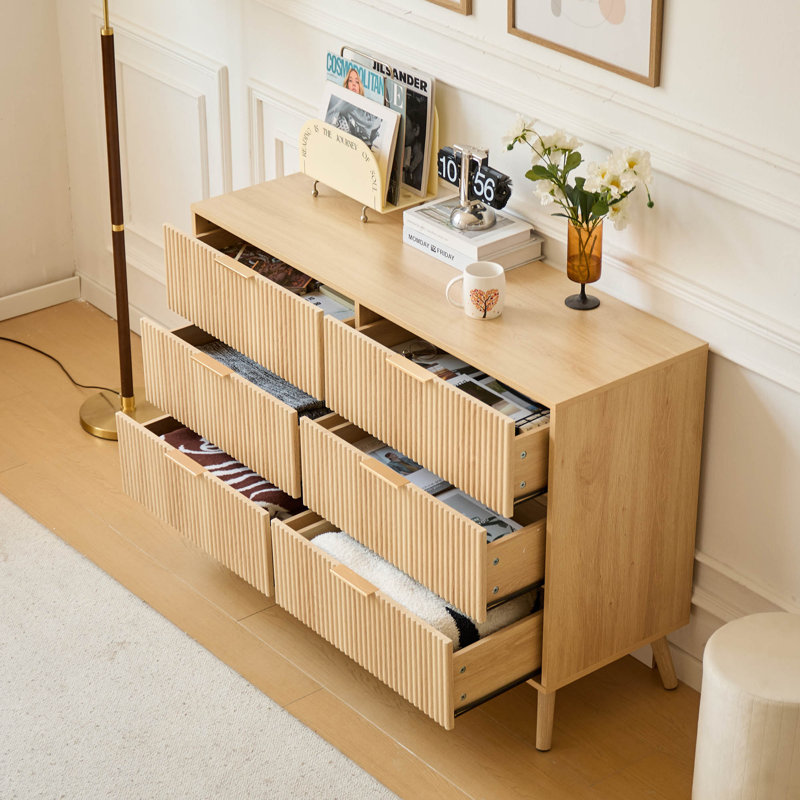 Calonne  6 Drawer Bedroom Dresser with Vertical Stripe Pattern, Boho Fluted Wood Dresser for Bedroom