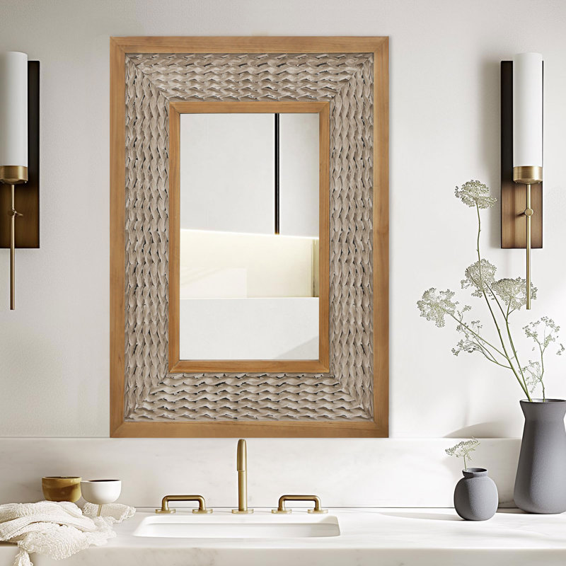 Rectangular Mirror with Decorative Wooden Frame, Light Yellow Wood