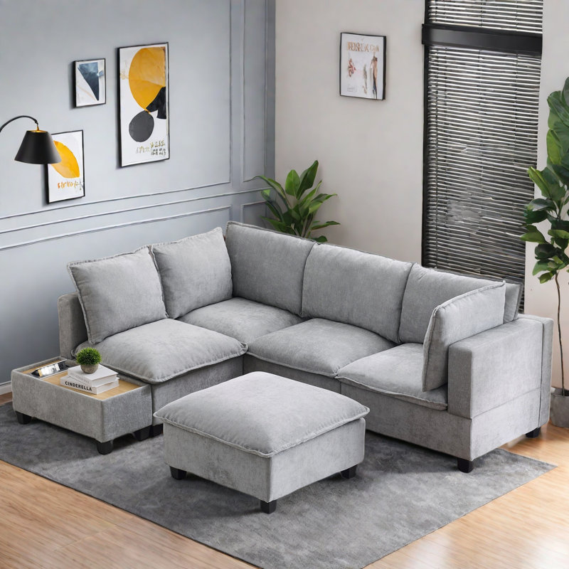 U-shaped Sectional Sofa Couch With A Movable Ottoman And A Coffee Table With Hidden Charging Devices, Grey