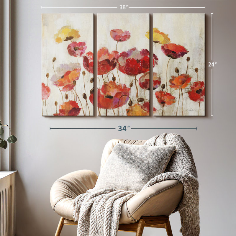 «Poppies In The Rain», 3 pièces, H 24 po x l 38 po