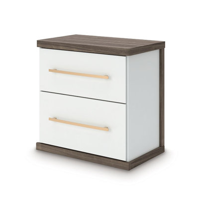 Keny Nightstand, 2 Drawers With Gold Handles, Matte White, Dark Brown