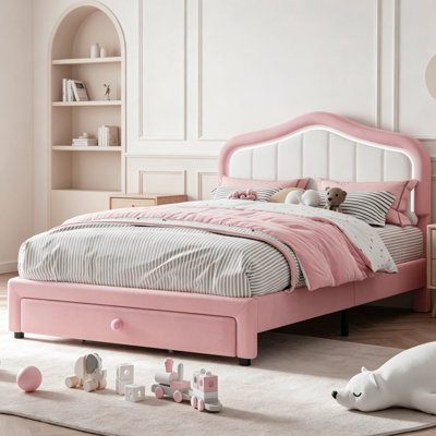 Structure de lit simple tapissier avec lumières à DEL et tiroir de rangement, cadre de lit plateforme en velours mignon avec tête de lit pour enfants, filles, garçons, lattes de bois, assemblage facile, sans bruit