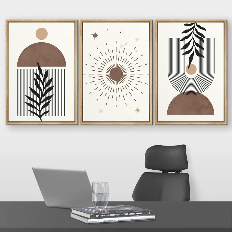 «Boho Mid-Century Retro Geometric Palm Leaf Polygons Abstract Art Modern Art Landscape», 3 pièces, Naturel