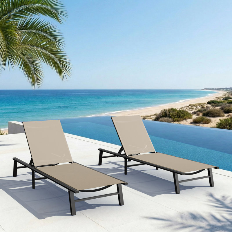 Chaises longues d'extérieur en aluminium avec dossier inclinable réglable (ensemble de 2), Teck