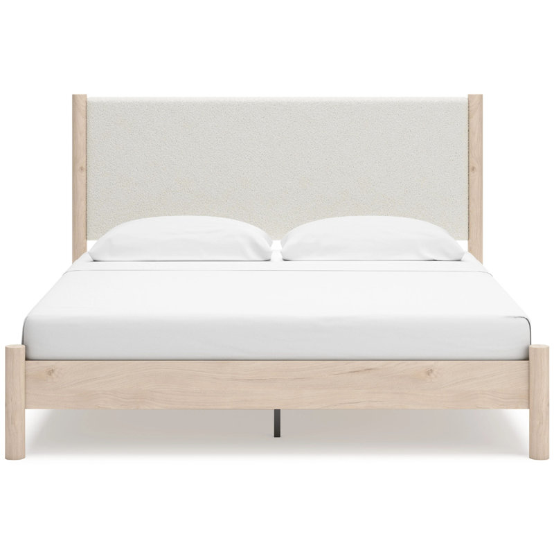 Lit très grand Mooran, revêtement en polyester blanc, bois brun clair, Blanc / brun clair, Grand