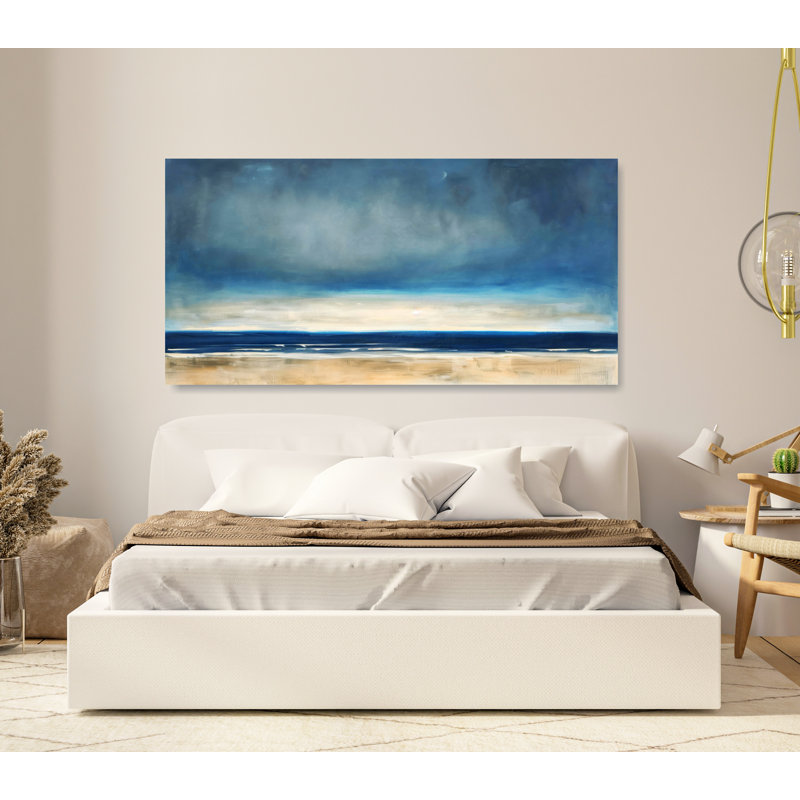 Art mural plage, affiche aquarelle, décoration murale de salon, art abstrait paysage, art mural bleu, Toile tendue