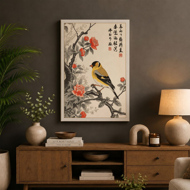 Bird Among Peonies Japandi - Wrapped Canvas, 18x12 - 45.7 x 30.5 cm, Cream Border