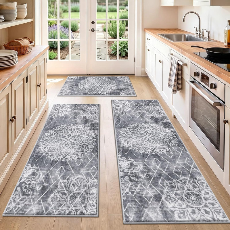 Non Slip Washable Kitchen Mats Vintage Boho Kitchen Carpet (Set of 3), Gray