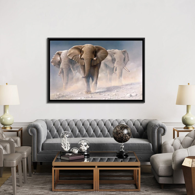 «Run Elephants I», impression sur toile, H 18 po x l 26 po x P 1,5 po, Toile avec cadre noir, Pas de tapis