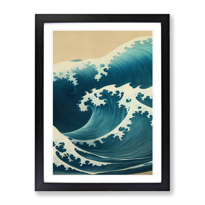 Traditional Japanese Wave No.2 - Single Picture Frame Painting, 64cm H x 46cm W x 2cm D, Black Framed