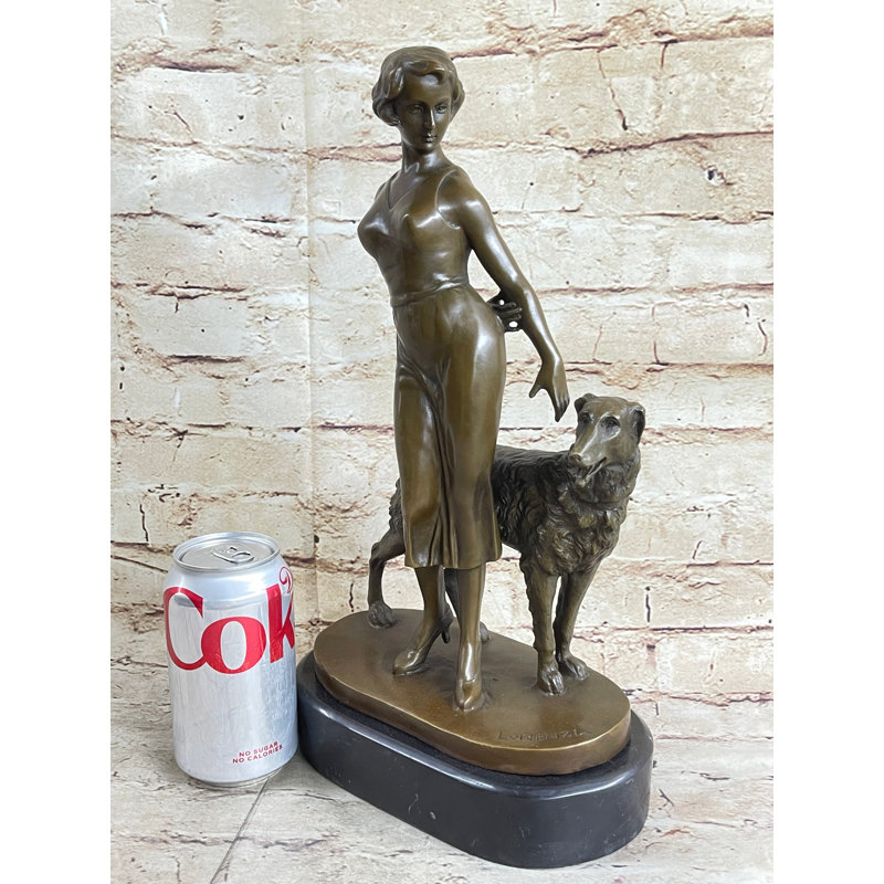 Art Deco Girl with Dog Bronze Statue Sculpture  Figure Lorenzl 14" x 8"