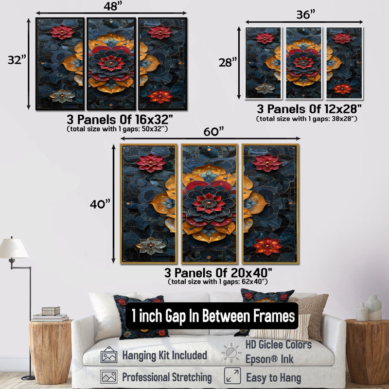 Fleur de lotus rouge, pétales dorés - ensemble d'art mural mandala boho, Cadre flottant doré, H 40 po x l 60 po x P 1 po