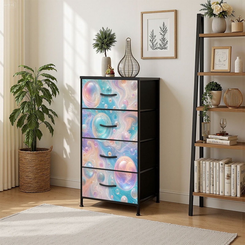 Commode de rangement verticale à 4 tiroirs avec bulles iridescentes abstraites, tourbillon de pastel et perle rose avec tiroirs en tissu