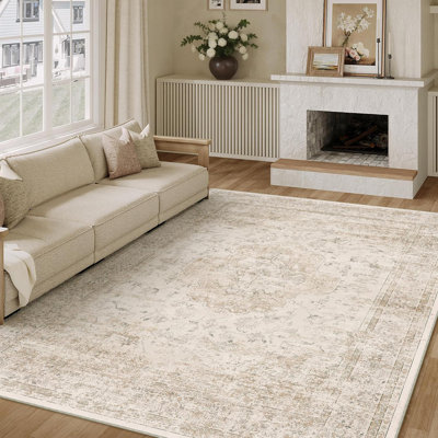 Tapis lavable beige 8 x 10, tapis oriental doux délavé rétro, revêtement de sol rétro à faible épaisseur antidérapant pour salon, chambre à coucher, salle à manger, bureau, chambre de bébé, intérieur