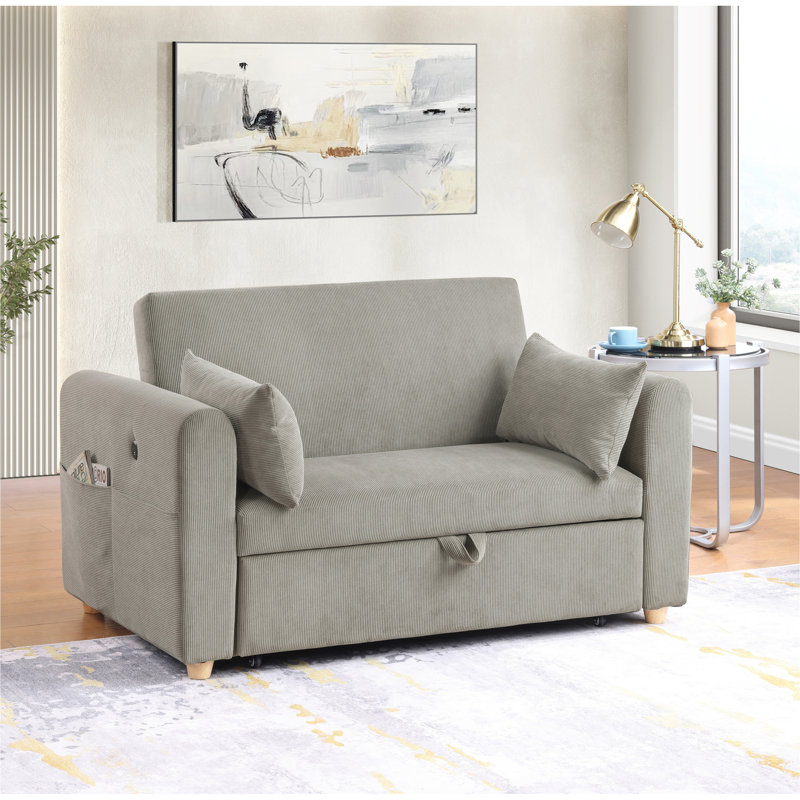 Causeuse-lit convertible en velours côtelé avec ports USB et poches pour magazines, gris