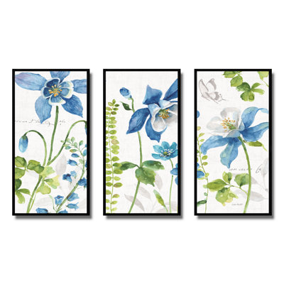 «Bluebell and Columbine Wild Flowers With Butterfly», ensemble d'art mural sur toile encadré traditionnel de 3