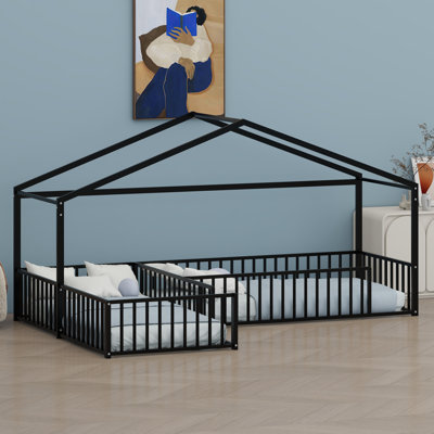 Corner-Fit Montessori House Bed for Siblings with Integrated Guardrails