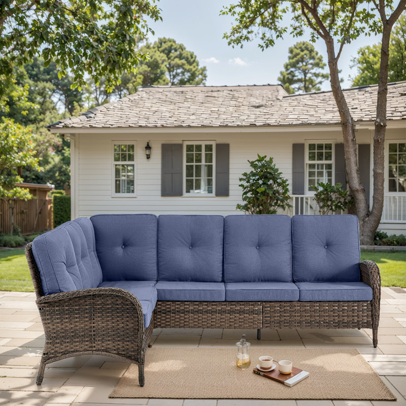 Serita Trym 100" Wide Outdoor PE Wicker Patio Sectional With Cushions, Blue