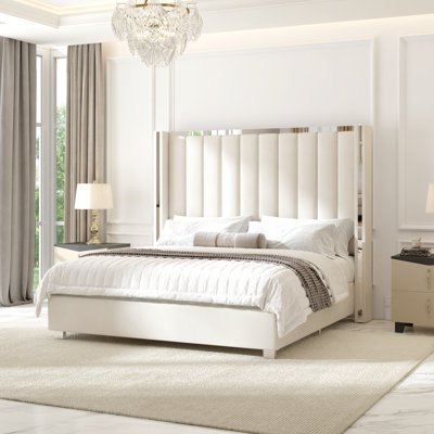 Gerasim King Bed Frame with 57" Tall Headboard, Velvet Upholstered Platform Bed,Cream