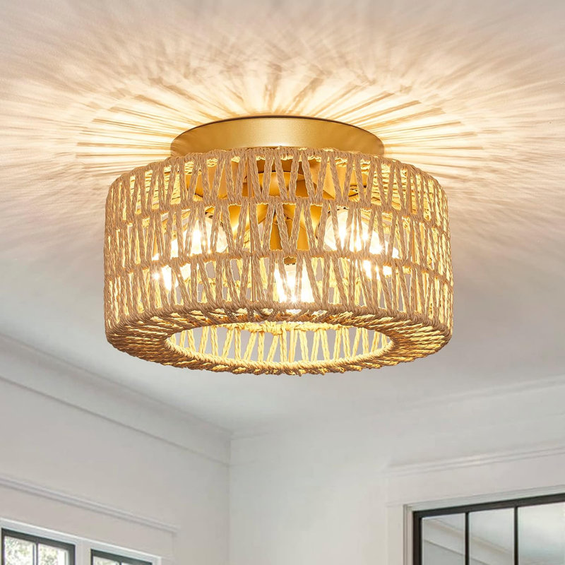 Plafonnier encastré Boho avec abat-jour en rotin tissé à la main, lustre rustique 3 lumières pour le couloir de la cuisine de la chambre à coucher
