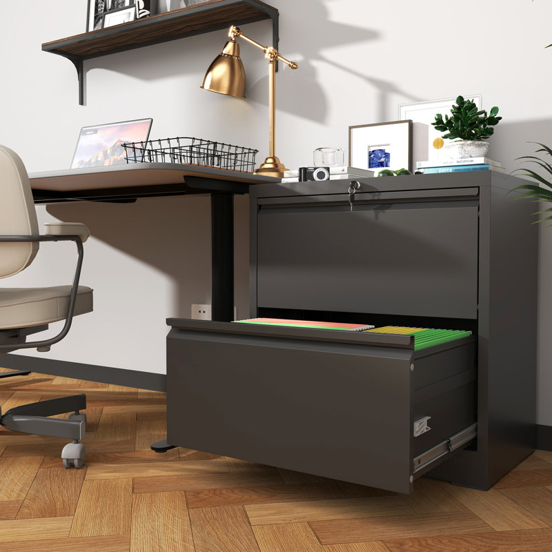 2 Drawer Steel Lateral Filing Cabinet For Home Office, High - Quality Material, Silent Opening, Adjustable Storage A4/letter/legal Documents, Lock, Quick Assembly In Black, Cold Rolled Steel, Quiet