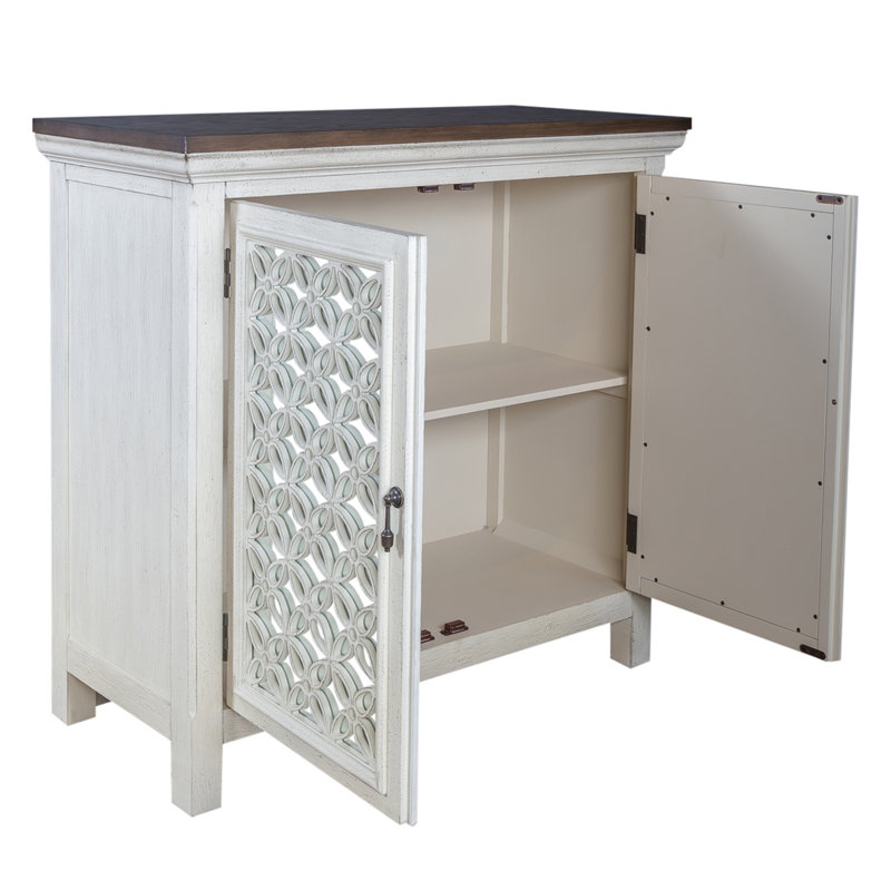 Della Mirrored Solid and Manufactured Wood Accent Cabinet, Wirebrushed/Grey, 36.5" H x 38" W x 17" D