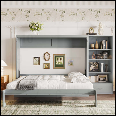 Grand lit escamotable avec rangement réglable en hauteur, cadre de lit mural avec tiroir pour petits espaces, gris