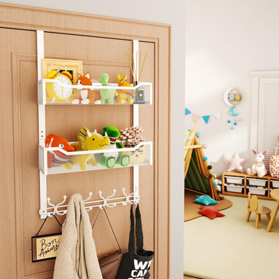 Over The Door Organizer With 16 Hooks & 2 Mesh Baskets - Heavy Duty Space Saving Hanging Rack For Towels, Coats, Clothes In Bathroom, Living Room, Bedroom