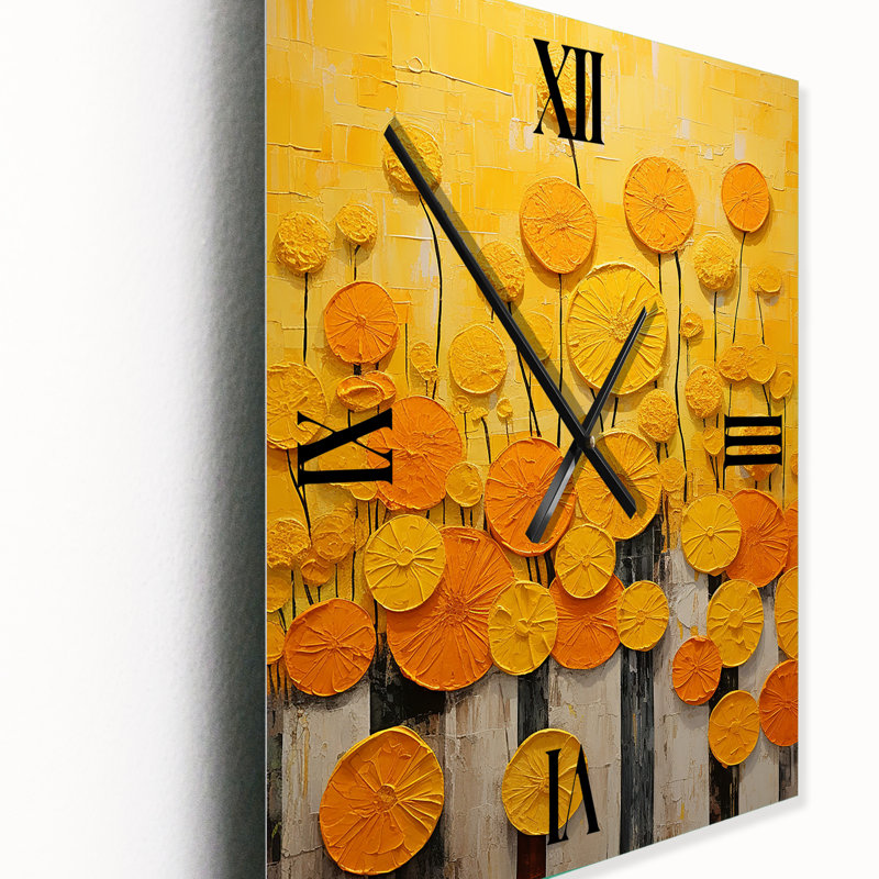 Yellow Flowers Pottery Garden I - Boho Pottery Modern Wall Clock, Small
