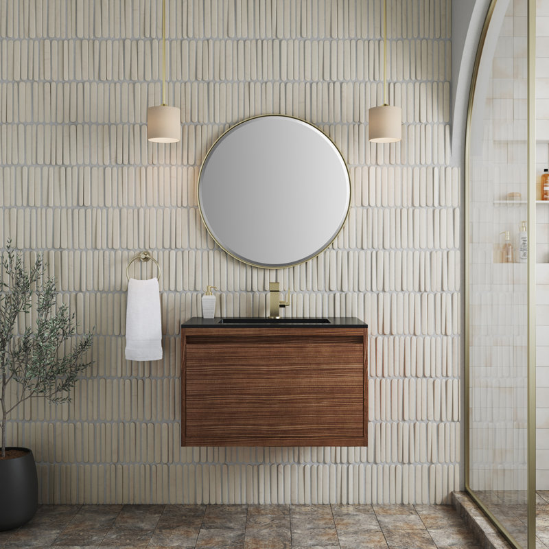 Mantova 31.5'' W Single Vanity, Charcoal Black, Mid Century Walnut/Champagne Brass