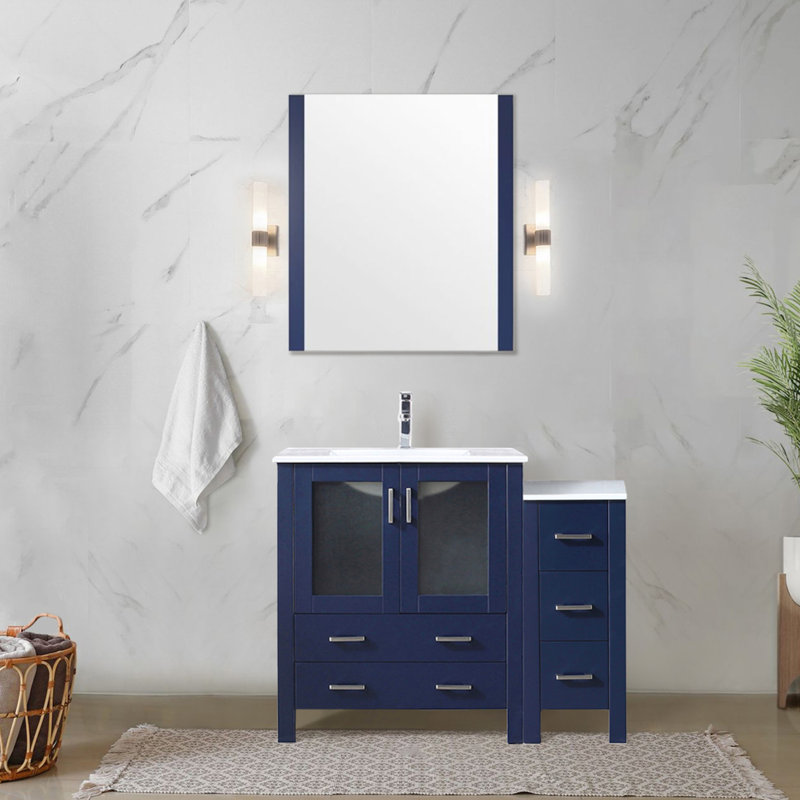 42 po Large meuble-lavabo simple bleu marine, armoire latérale incluse, plateau en céramique blanche, structure en bois massif, tiroirs à fermeture en douceur, un pour le rangement, robinet de comptoir pré-percé pour meuble-lavabo Scratch et Stain