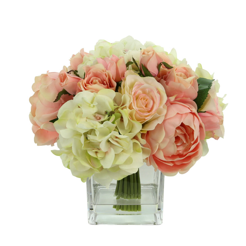 Spring Additions Pink & White Assorted Rose in Water Glass Vessel