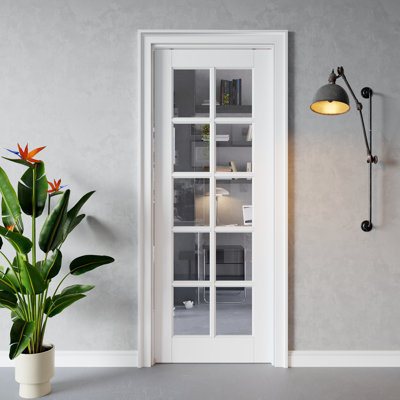 Porte intérieure en verre transparent 10-Lite, porte en verre trempé CARB P2 en panneau de fibres à densité moyenne et en verre trempé, avec cadre renforcé et trousse de quincaillerie, porte de chambre coulissante pré-finie et imperméable pour garde-manger, chambre à coucher, salle de bain et garde-robe, teinture facile à bricoler, 24 po "x 96"