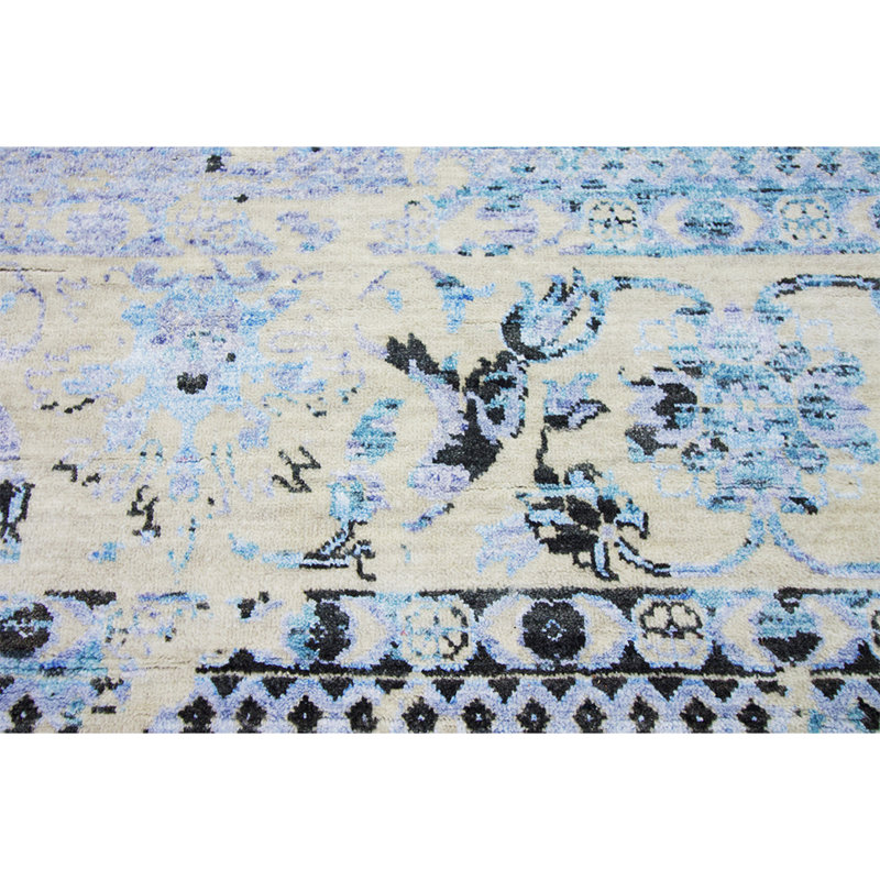 Tapis argenté / turquoise / noir noué à la main de haute qualité, Rectangle 9 pi x 12 pi