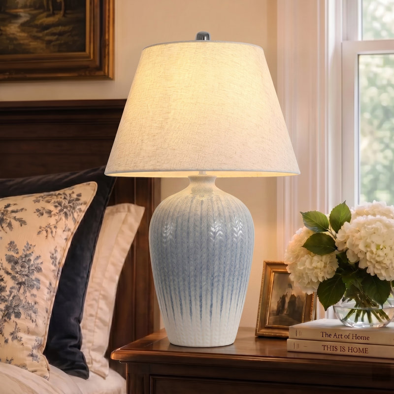 26 po Lampe de table moderne en céramique avec abat-jour en lin pour bureau de chambre à coucher