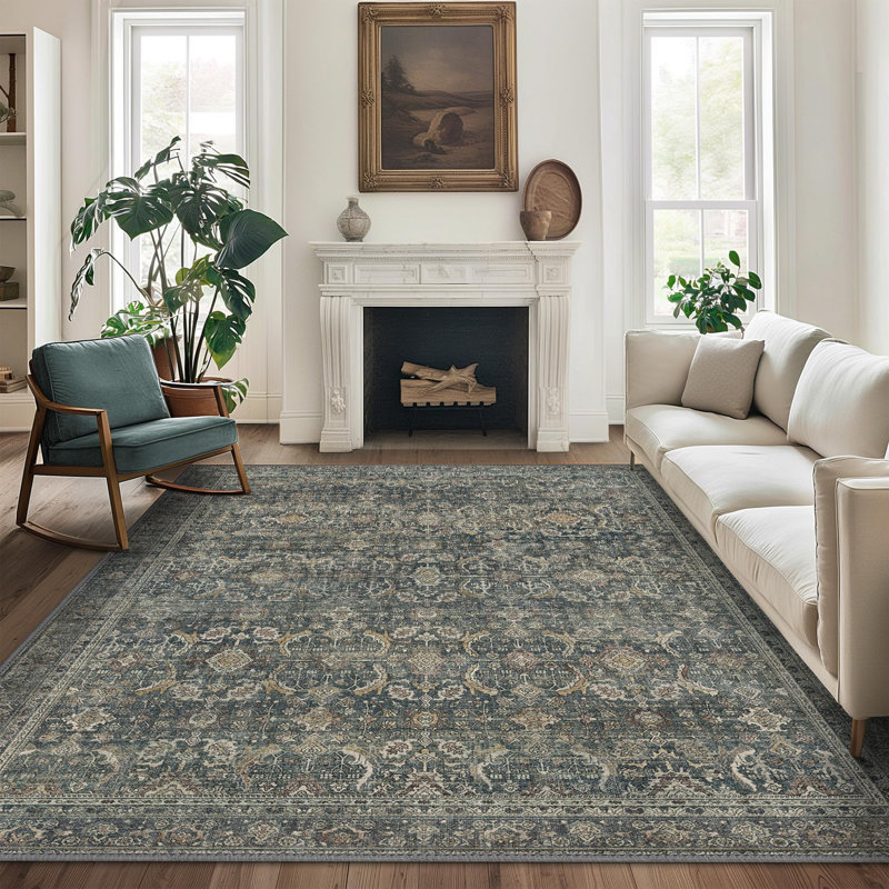Tapis oriental lavable à la machine Abastos, Rectangulaire 8 pi x 10 pi, Slate Blue