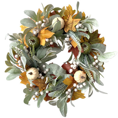 Couronne artificielle d'automne de 15,75 pouces, mini citrouilles blanches et vertes, feuillage à oreilles d'agneau, feuilles d'érable et couronne de baies blanches pour décor de fête de l'Action de grâce