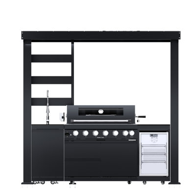 85000 94 - Îlot de barbecue extérieur à 6 brûleurs avec refroidisseur à vin et armoires de rangement. Comprend une hotte à double paroi, une jauge de température et des lumières halogènes. Acier inoxydable 304 de qualité marine