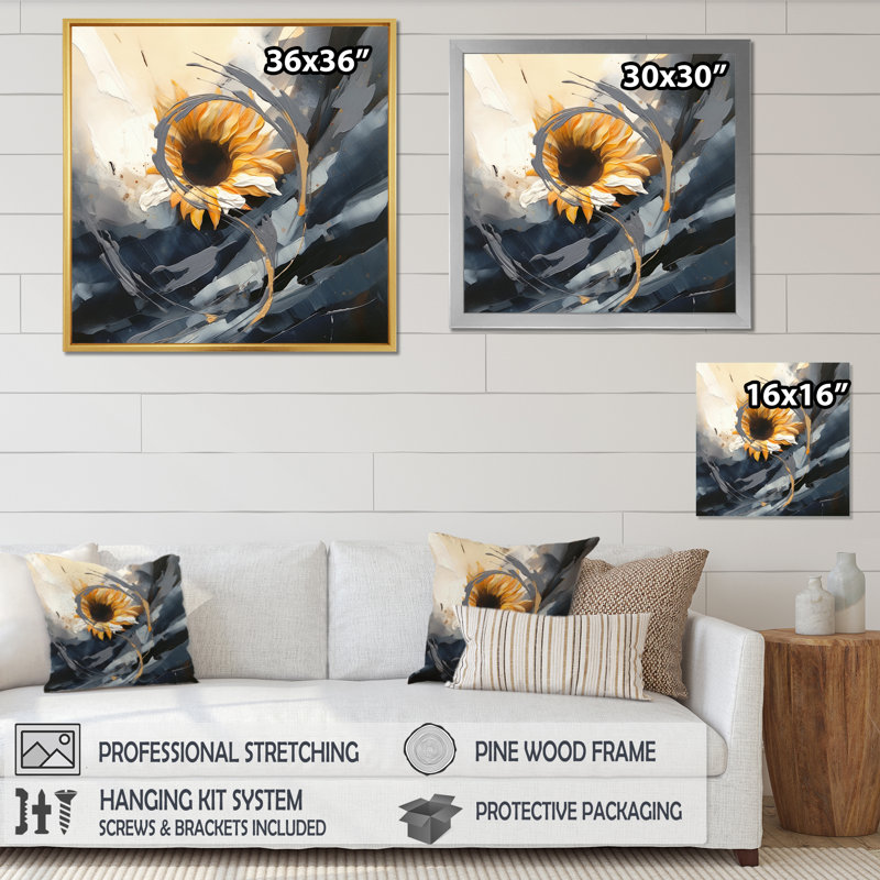 Jaune, jaune, doré, tournesols joyeux, H 16 po x l 16 po x P 1 po, Cadre flottant noir