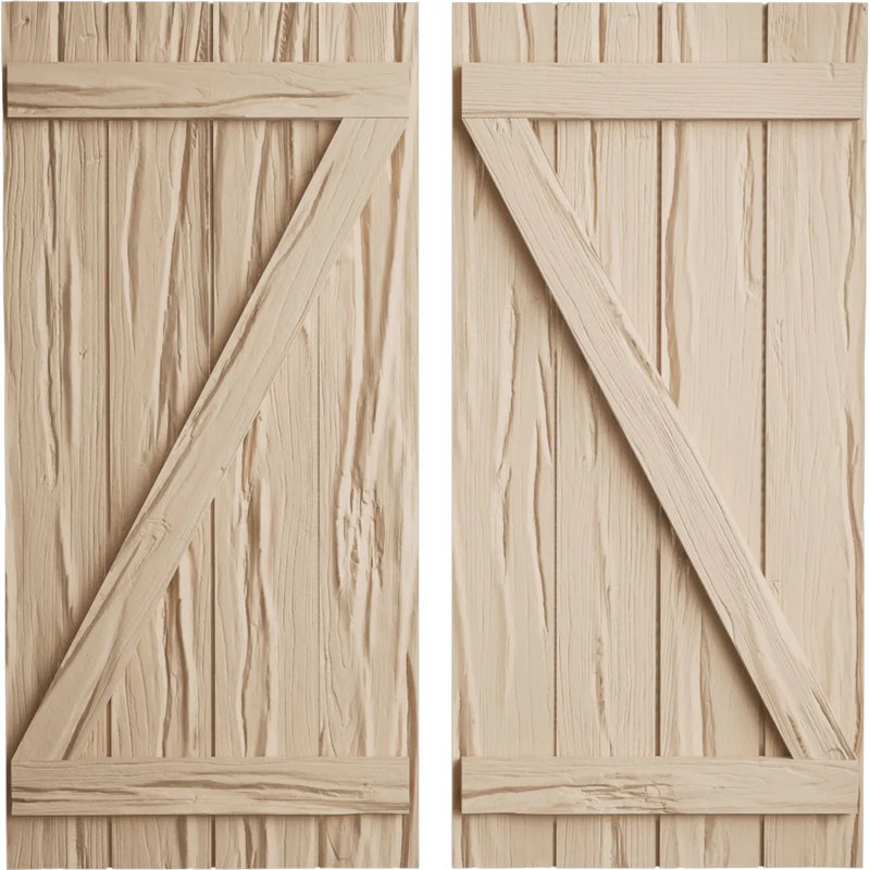 Volets rustiques en bois à quatre planches, Texture Riverwood / brun clair apprêté, 22", H 32 po x l 22 po x P 1 po