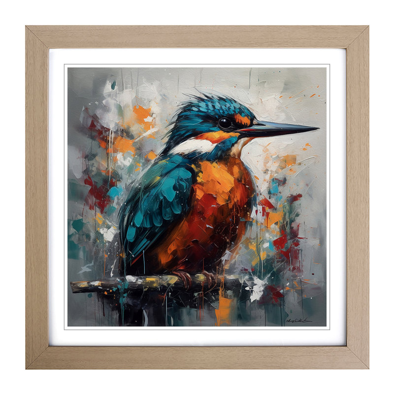 Kingfisher Abstract Expressionism - Single Picture Frame Print on Wood, Black
