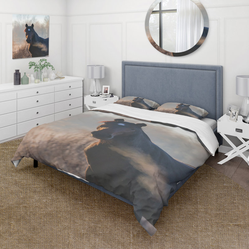 Portrait d'un cheval sur un matin d'automne - Ensemble de housse de couette Farmhouse - Microfibre de polyester