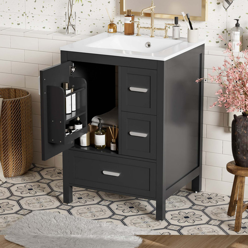 Meuble-lavabo moderne avec lavabo en céramique intégré et rangement à fermeture en douceur, Noir