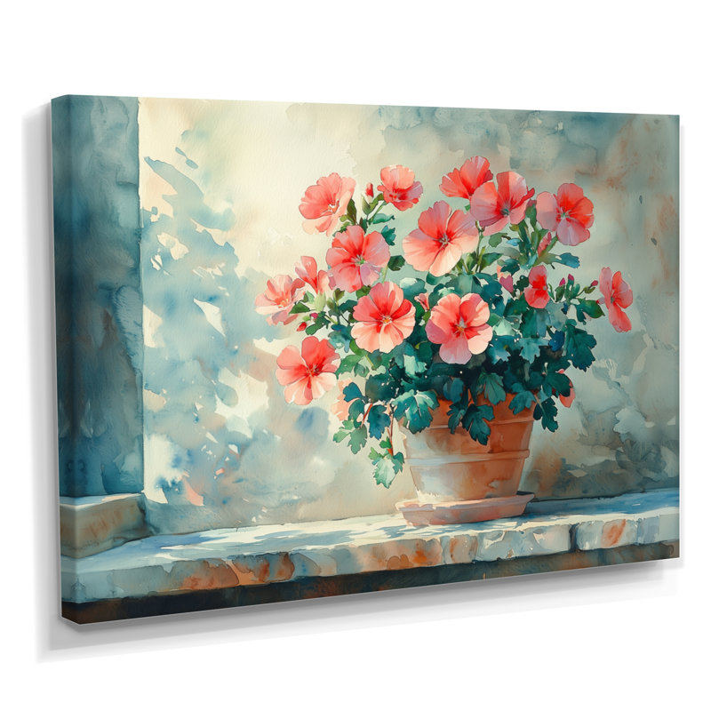«Geranium Stillife» au réalisme ensoleillé - art mural géraniums, H 24 po x l 32 po, Toile tendue sur cadre