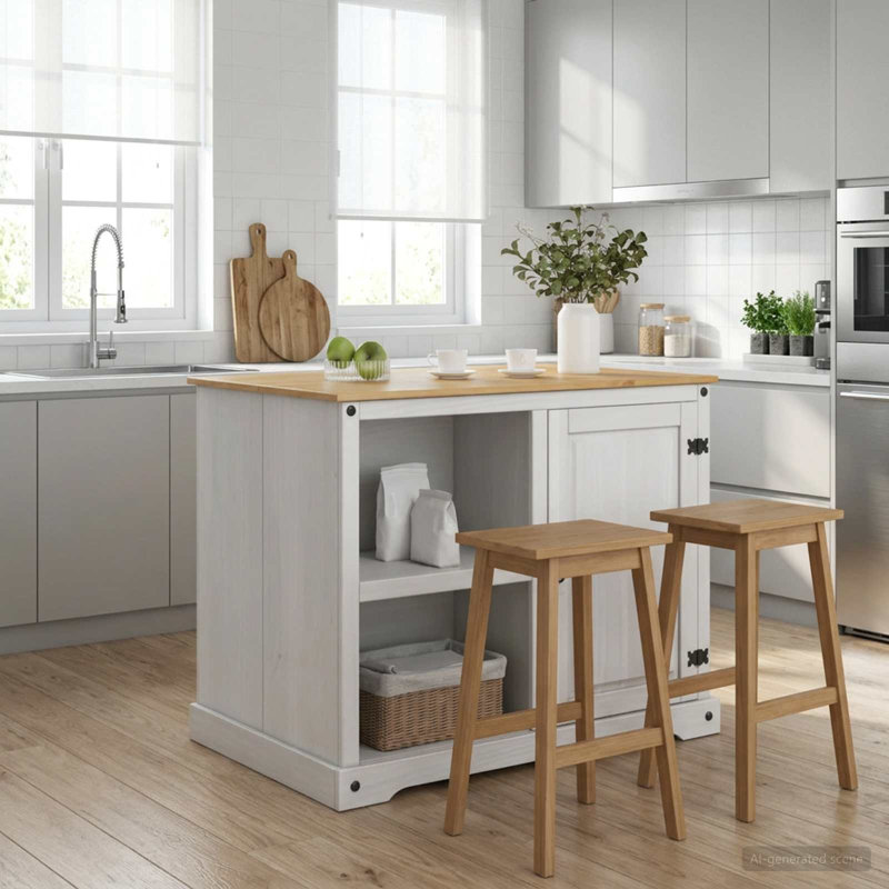 Solid Wood Kitchen Island, White