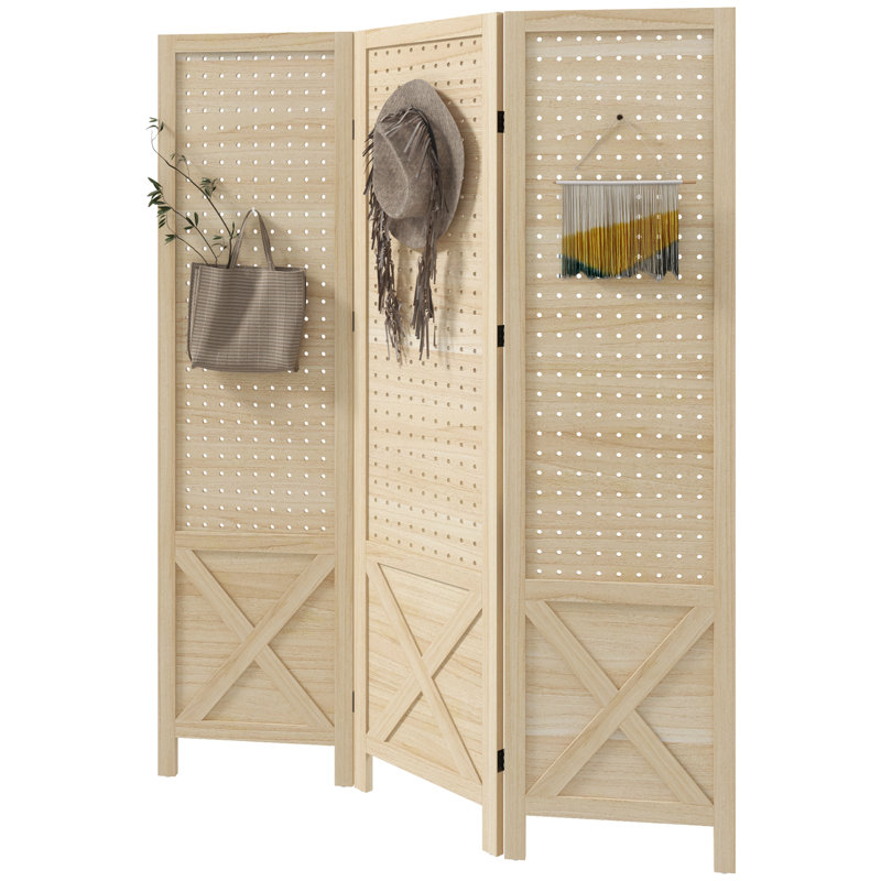 Paravent 4,7 pi à 3 panneaux en bois avec panneau perforé, écran d'intimité pliable pour bureau personnel, naturel